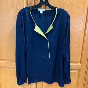 KENAR Blue Satin Blouse Long Sleeves Size XL